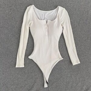 Klassy Network‎ Bodysuit Womens Large White Long Sleeve Henley Built In Bra
